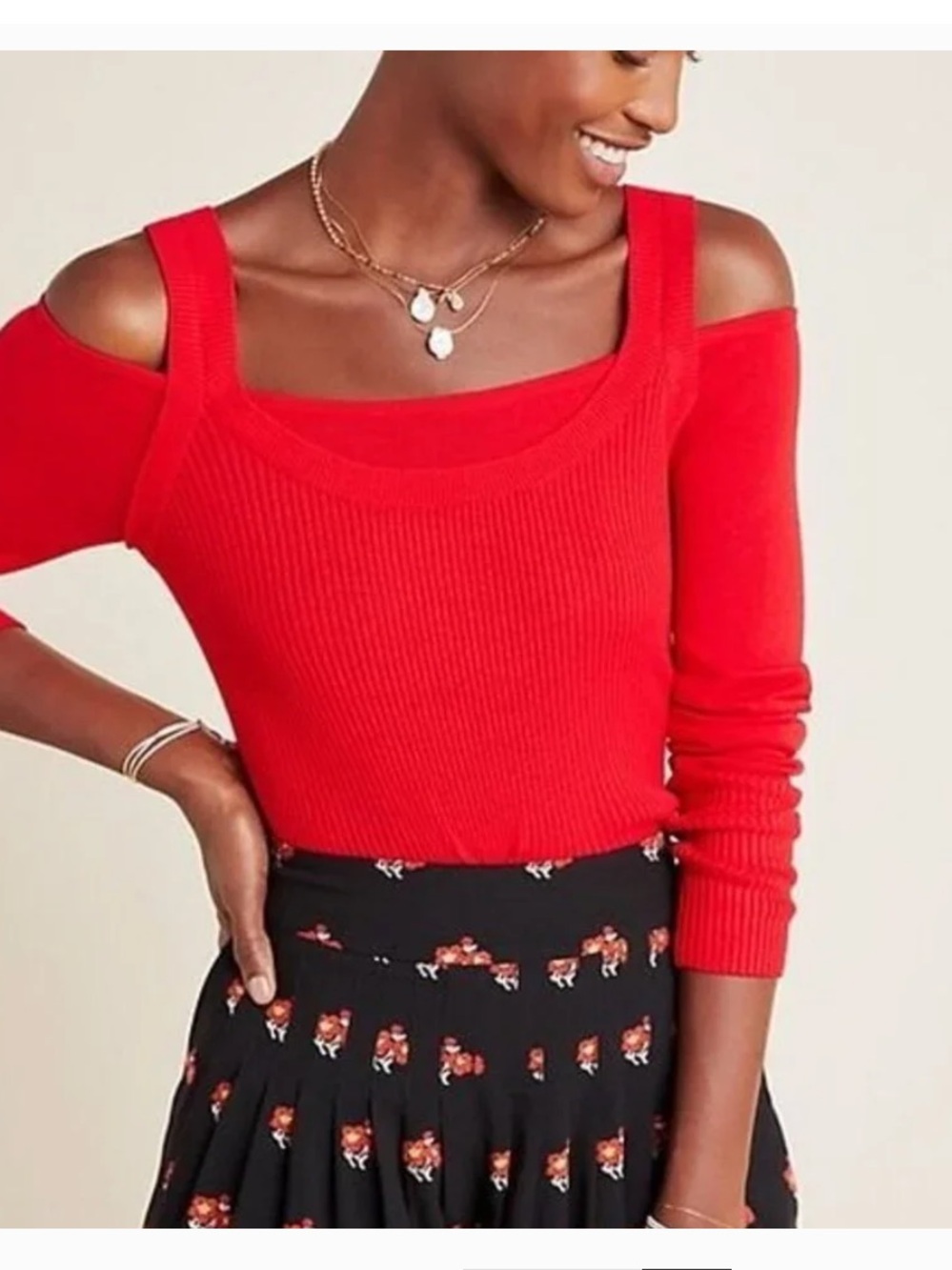 Anthropologie Bright Red Off-the-Shoulder Ribbed Knit Sweater